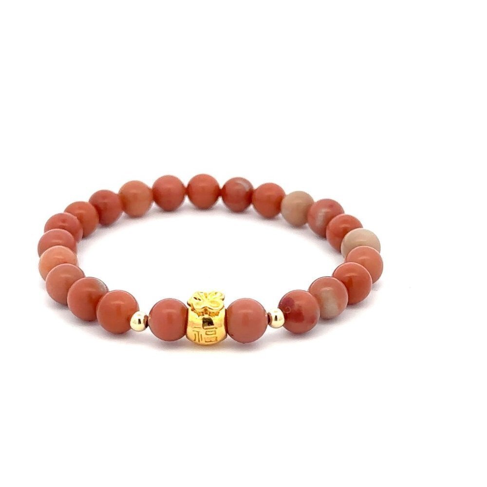 18K Gold Money Bag Lucky Charm Beads Bracelet Gemstones Natural Jade Indian Red